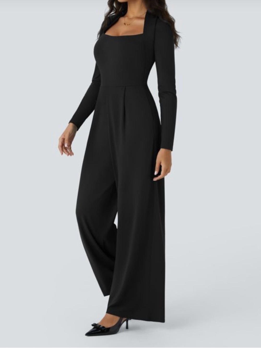 Halara Easy Peezy Wide Leg Jumpsuit Large Black Long Sleeves Pockets Stretch LG